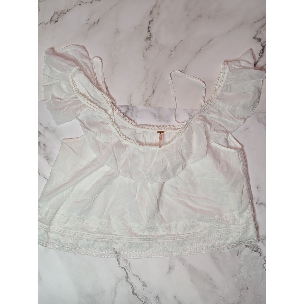 Free People White Lace Trim Ruffle Off Shoulder Crop Top Boho Blouse Small